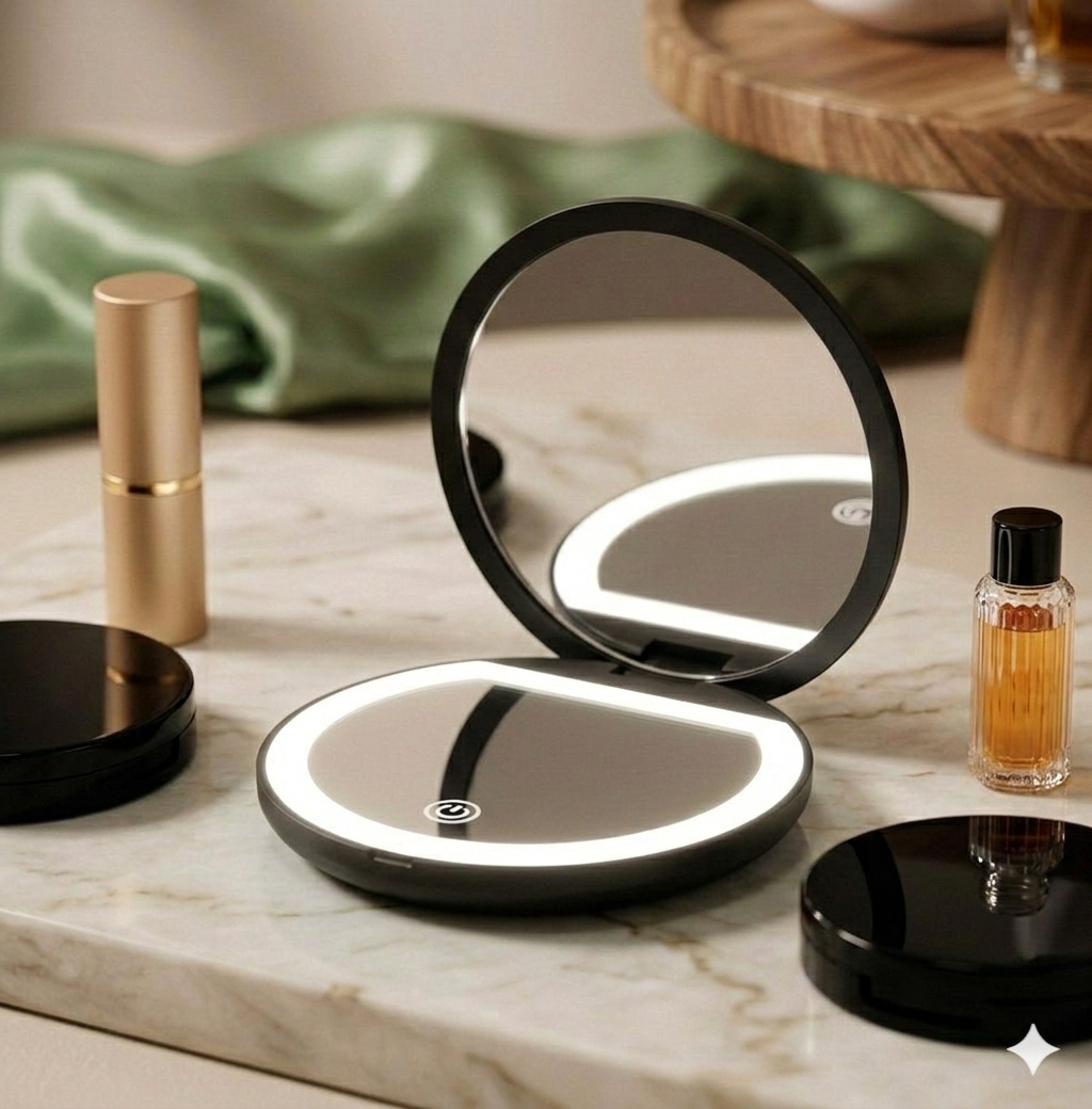 Miroir de Poche LED Lumineux - Édition Galbe Circulaire - Grossissement Haute Précision 5x - USB