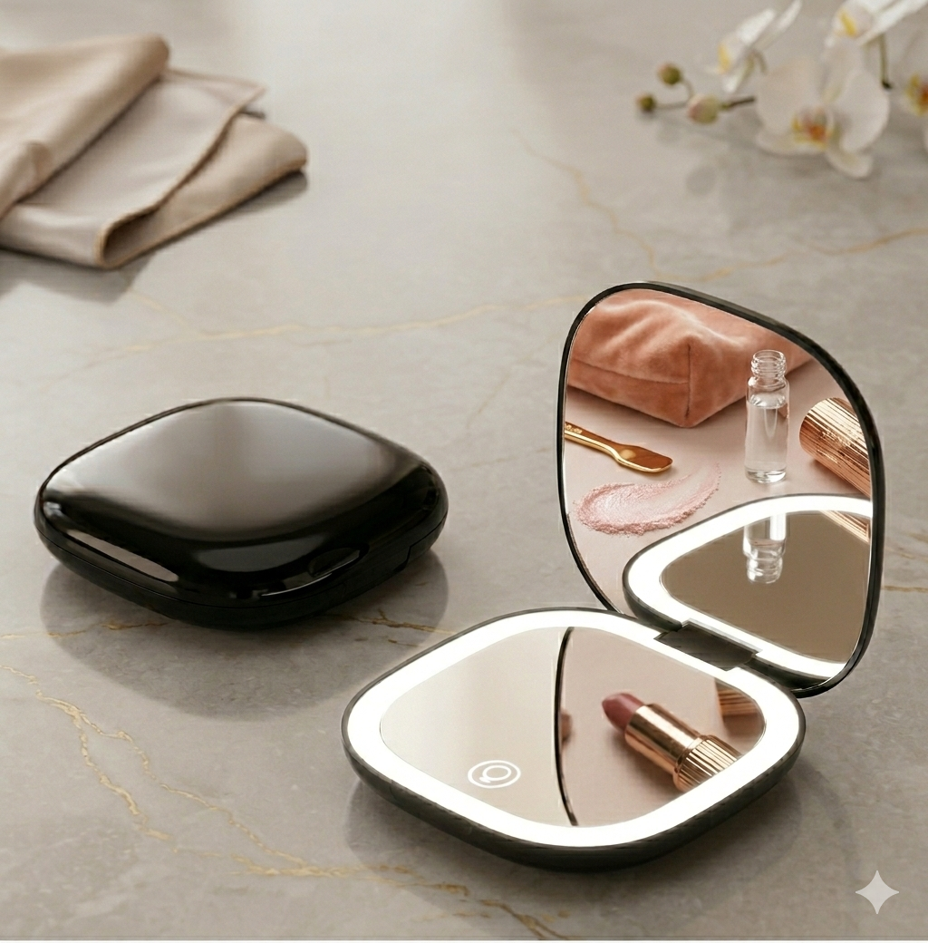 Miroir de Poche LED Lumineux - Édition Silhouette Carrée Grossissement - Haute Précision 10x - USB