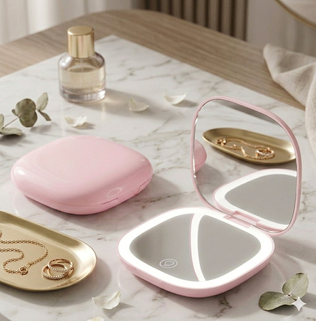 Miroir de Poche LED Lumineux - Édition Silhouette Carrée Grossissement - Haute Précision 10x - USB